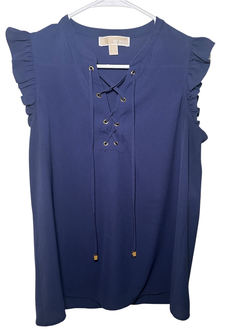 MICHAEL Michael Kors Navy Lace-Up Ruffle Sleeve Women's Top Party Whimsy Goth